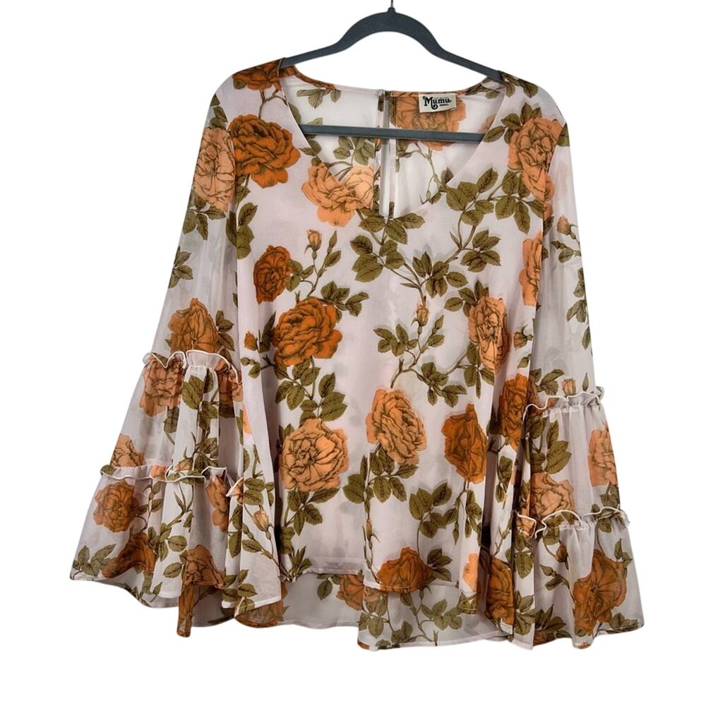 Show Me Your Mumu Rose Floral Ruffle Bell Sleeve Top Small Bloomcore Romantic